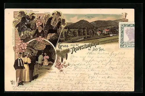 Lithographie Bad Thal, Tropfsteinhöhle, Grosse Grotte mit Tropfstein-Pyramide und Kapelle, Wolfschlucht, Ortspartie
