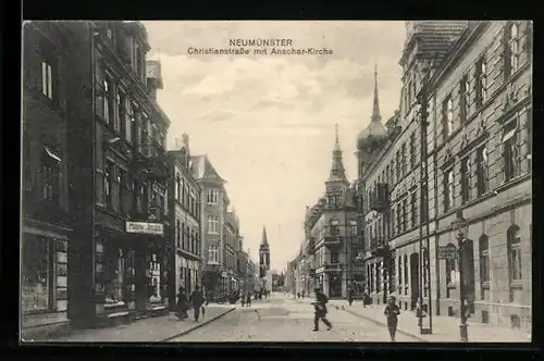 AK Neumünster, Christianstrasse mit Geschäften und Anschar-Kirche