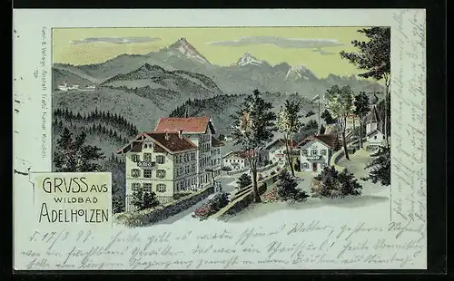 Lithographie Bad Adelholzen, Ortspartie mit Hotel