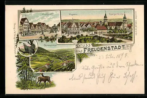 Lithographie Freudenstadt, Postamt und evangelische Kirche, Marktplatz, Christophsthal