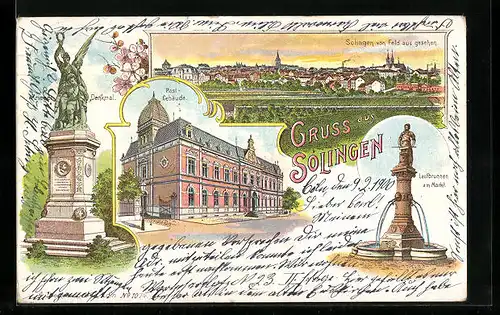Lithographie Solingen, Post-Gebäude, Krieger-Denkmal, Laufbrunnen am Markt