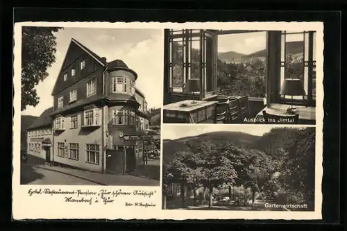 AK Manebach i. Thür. Wald, Hotel-Restaurant-Pension Zur schönen Aussicht, Innenansicht mit Ausblick ins Ilmtal, Garten