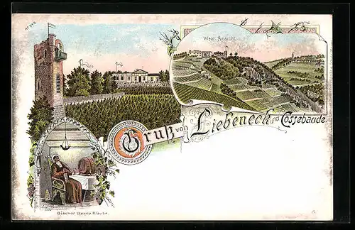 Lithographie Cossebaude, Gastaus Liebeneck und Turmruine, Bischof Benno-Klause, Westliche Ansicht