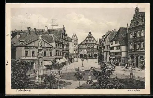 AK Paderborn, Marienplatz mit Geschäften und Brunnen