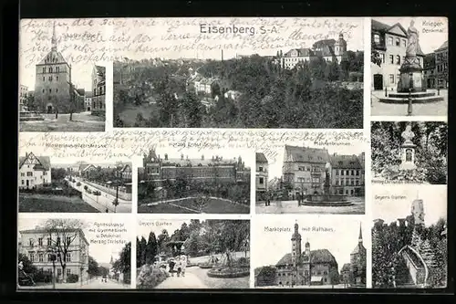 AK Eisenberg /S.-A., Geyers Garten, Stadtkirche, Mohrenbrunnen
