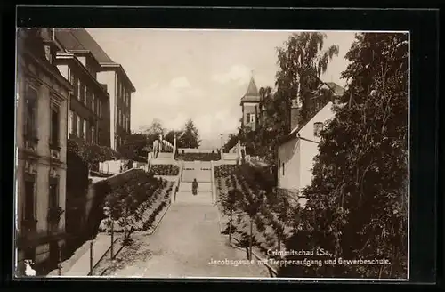 AK Crimmitschau i. Sa., Jacobsgasse mit Treppenaufgang und Gewerbeschule
