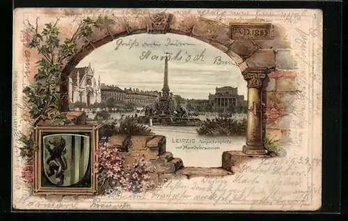 Passepartout-Lithographie Leipzig, Augustusplatz mit Mendebrunnen, Wappen