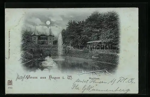 Mondschein-AK Hagen i. W., Gasthaus Waldlust