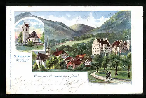 AK Brannenburg a. Inn, Kirche St. Margarethen Anstieg zum Wendelstein, Ortspartie mit Radfahrern