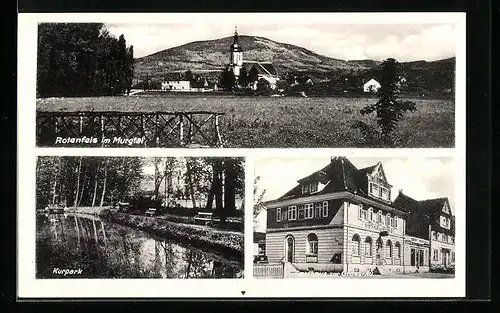 AK Rotenfels im Murgtal, Gasthaus zur Gross-Au, Kurpark, Ortspartie mit Kirche