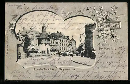 AK Freiburg i. B., Schwabentorbrücke und Malterdenkmal, Passepartout