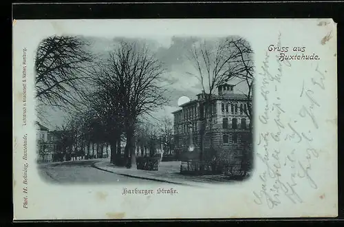 Mondschein-AK Buxtehude, Harburger Strasse mit Denkmal