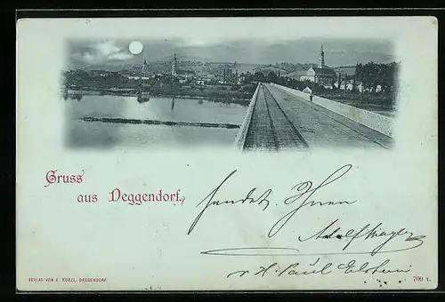 Mondschein-AK Deggendorf, Uferpartie mit Brücke