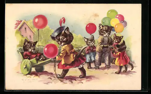 Künstler-AK Katzen auf der Geburtstagsfeier