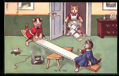AK freche Katzenkinder wippen auf einem Bügelbrett, vermenschlichte Tiere