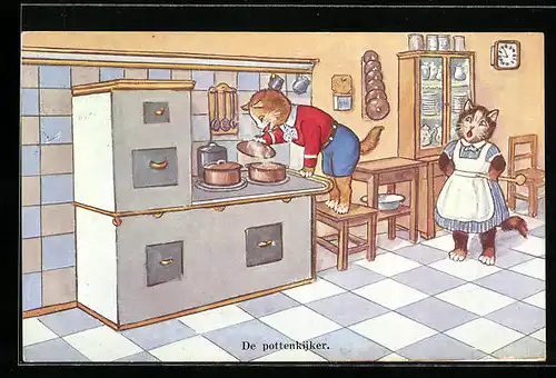 AK Katzen in der Küche, De pottenkijker, vermenschlichte Tiere