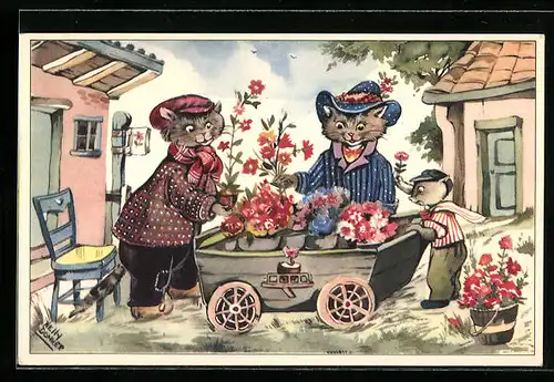 Künstler-AK Katzen mit Blumen im Karren