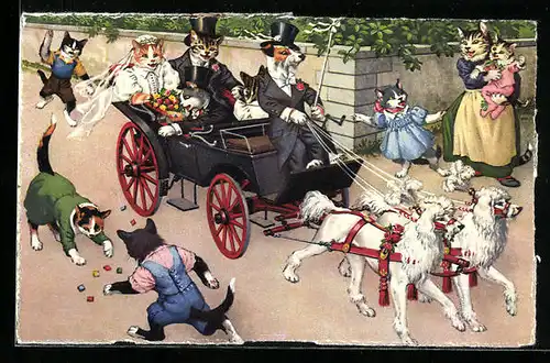 Künstler-AK Katzenhochzeit mit Pudelkutsche