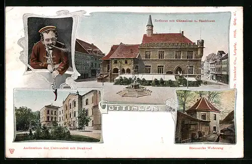 AK Göttingen, Rathaus mit Gänseliesl und Stadthaus, Bismarcks Wohnung, Auditorium der Universität mit Denkmal