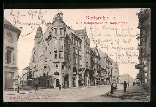 AK Karlsruhe i. B., Neue Hofapotheke mit Kaiserstrasse