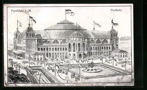 Künstler-AK Frankfurt-Westend, Festhalle aus der Vogelschau