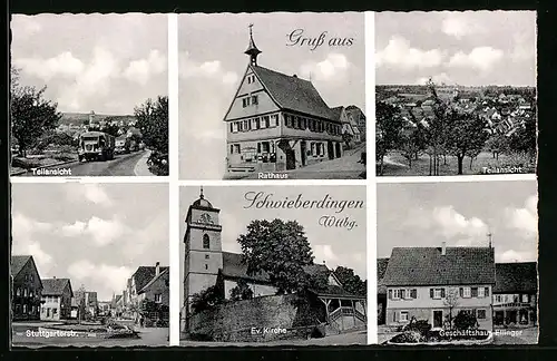 AK Schwieberdingen /Württ., Teilansichten, Rathaus, Geschäftshaus Ellinger, Ev. Kirche, Stuttgarterstrasse