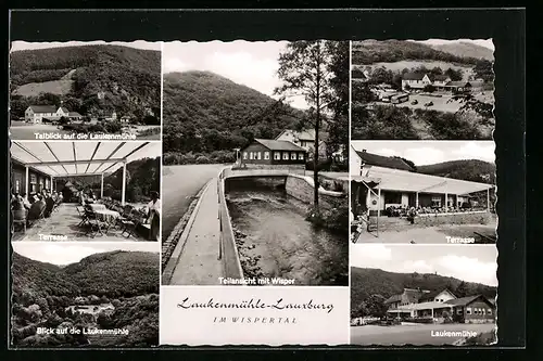 AK Lauxburg im Wispertal, Teilansicht mit Wisper und sechs Ansichten mit der Laukenmühle