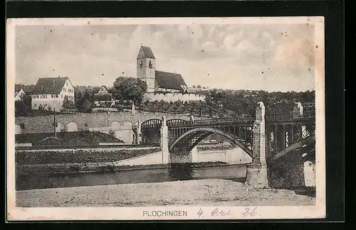 AK Plochingen, Ortsansicht über den Fluss gesehen