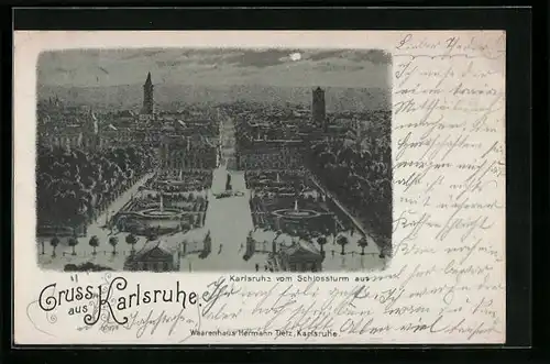 Künstler-AK Karlsruhe, Ortsansicht vom Schlossturm aus
