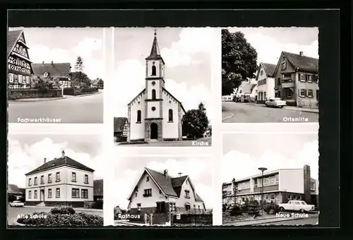 AK Schutterzell bei Lahr /Schwarzw., Ortsmitte, Neue Schule, Rathaus, Kirche, Alte Schule, Fachwerkhäuser