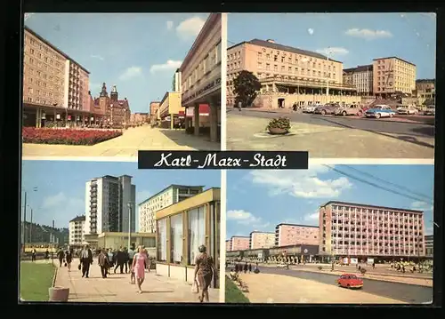 AK Karl-Marx-Stadt, Rosenhof, Interhotel Chemnitzer Hof, Wilhelm-Pieck-Strasse, Strasse der Nationen