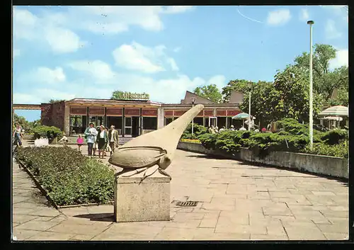 AK Berlin, HO-Grossgaststätten Tierpark Berlin-Betriebsabteilung Cafeteria, Blick über die Terrasse zur Milch-Eisbar