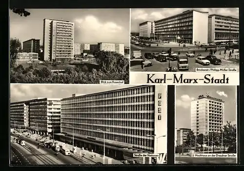 AK Karl-Marx-Stadt, Blick z. Rosenhof, Brückenstr. /Philipp-Müller-Str., Str. d. Nationen, Hochhaus a. d. Dresdner Str.