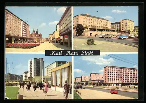 AK Karl-Marx-Stadt, Rosenhof, Interhotel Chemnitzer Hof, Wilhelm-Pieck-Strasse, Strasse der Nationen