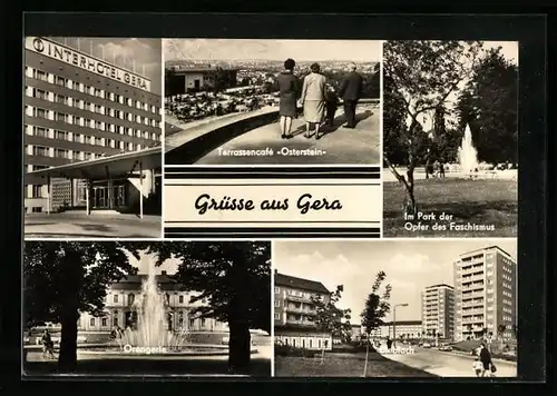 AK Gera, Interhotel Gera, Orangerie, Terrassencafè Osterstein, im Park der Opfer des Faschismus, Bieblach