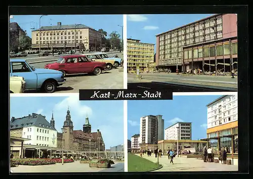 AK Karl-Marx-Stadt, Interhotel Chemnitzer Hof, Interhotel Moskau, Rosenhof mit Rathaus, Wilhelm-Pieck-Strasse