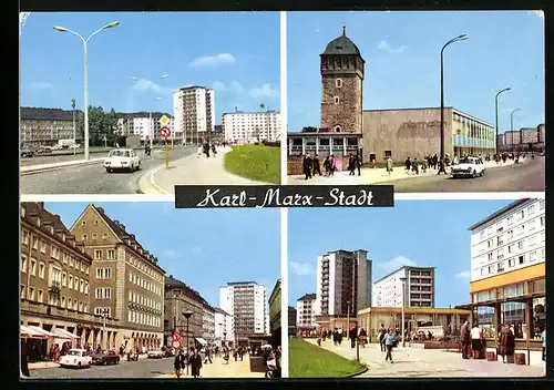 AK Karl-Marx-Stadt, Ernst-Thälmann-Strasse, Roter Turm mit Str. d. Nationen, Innere Klosterstrasse, Wilhelm-Pieck-Str.