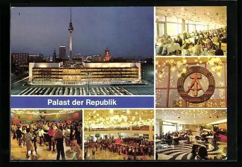 AK Berlin, Palast d. Republik-Palastrestaurant, Emblem Eingangsfoyer, Gr. Saal, Hauptfoyer, Jugenstreff
