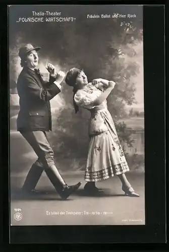 AK Operette Polnische Wirtschaft, Schauspieler Fräulein Ballot und Herr Rieck