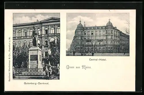 AK Mainz, Central-Hotel und Gutenberg-Denkmal