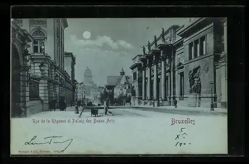 Mondschein-AK Brüssel / Bruxelles, Rue de la Régence et Palais des Beaux Aris