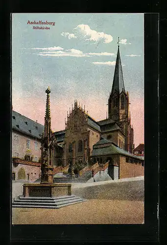 AK Aschaffenburg, Stiftskirche mit Brunnen