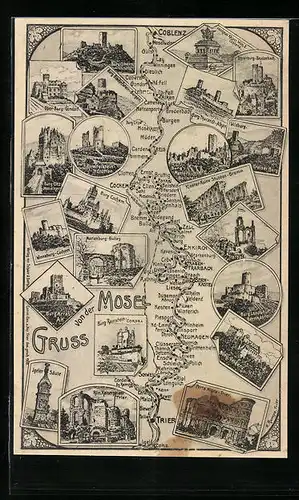 AK Coblenz, Landkarte von der Mosel, Burg Cochem, Wildburg, Marienburg-Bullay