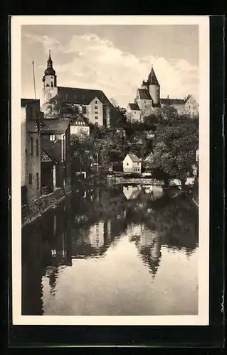 AK Schwarzenberg /Erzgebirge, Schloss und Kirche, Blick von der Vorstadtbrücke