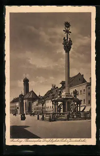 AK Straubing, Theresienplatz, Dreifaltigkeits-Säule u. Jesuitenkirche