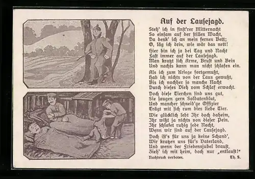 AK Soldat auf Läusejagd, Bilder u. Gedicht