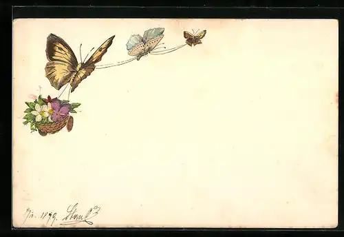 Präge-Lithographie Schmetterlinge ziehen einen Blumenkorb durch die Luft