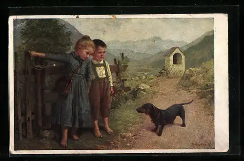 AK Zwei Kinder und ein Dackel an einem Weg