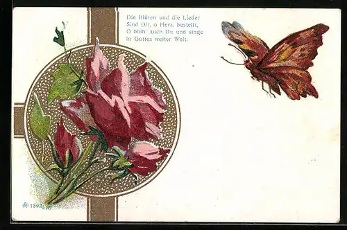 Lithographie Edelrose und fliegender Schmetterling