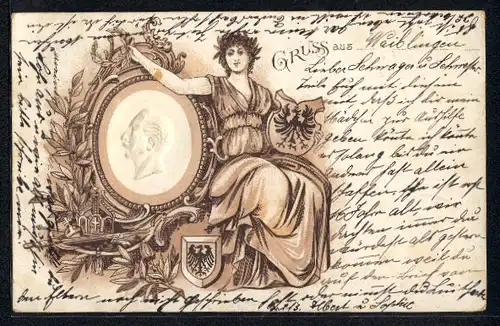 Präge-Lithographie Germania mit Wappen und Portrait des Kaisers